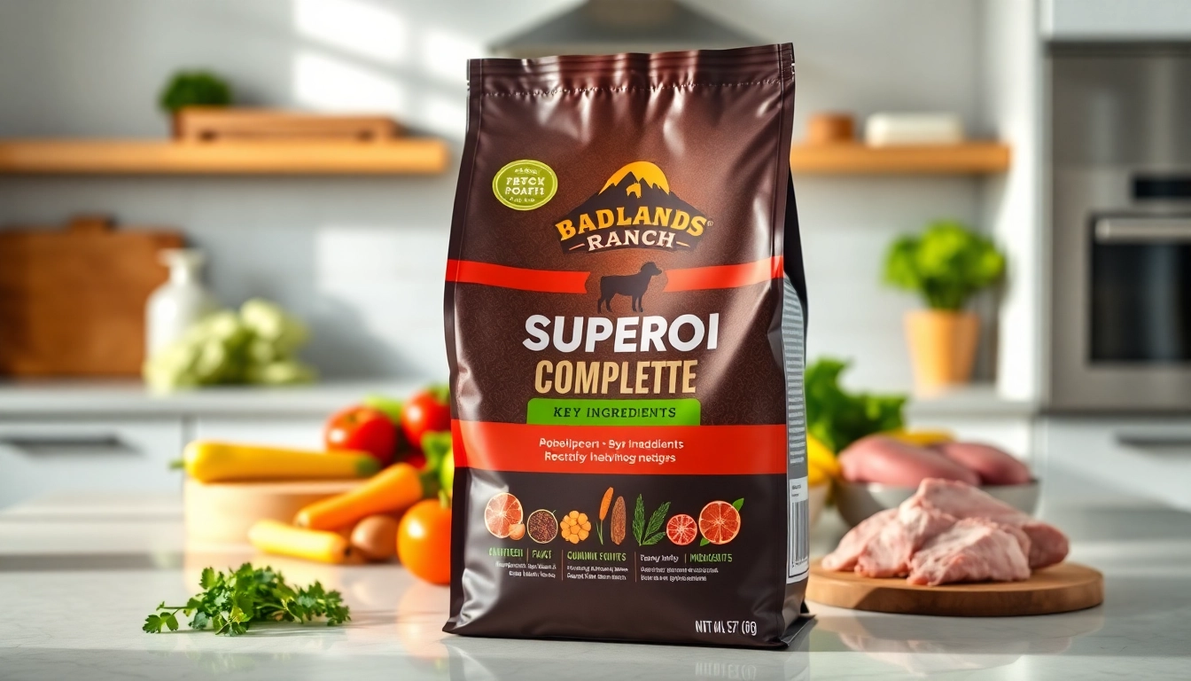 Showcase badlands ranch superfood complete dog food packaging amidst fresh ingredients for wholesome pet nutrition.