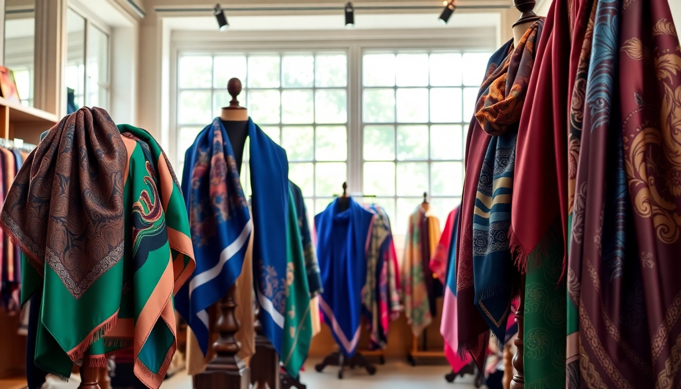 Shop elegant silk scarves for women showcasing vibrant patterns in a stylish boutique setting.