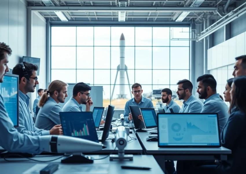 Engineers at revenuerocketlab collaborating on aerospace designs in a bright, innovative workspace.