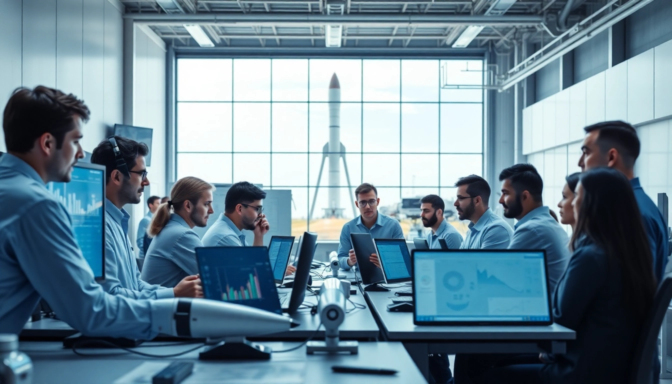 Engineers at revenuerocketlab collaborating on aerospace designs in a bright, innovative workspace.