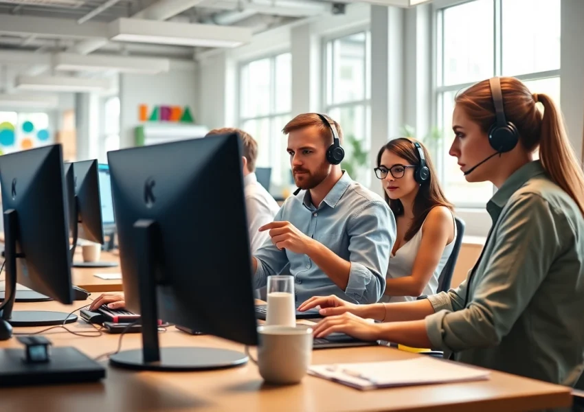 Helpdesk support team collaborating effectively in a vibrant office environment.