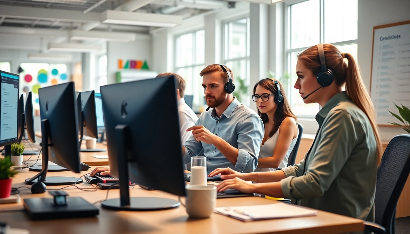 Helpdesk support team collaborating effectively in a vibrant office environment.