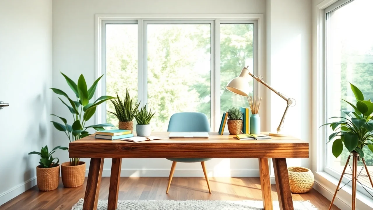 Enhance your creative living with a bright and inviting home office featuring a stylish reclaimed wood desk.