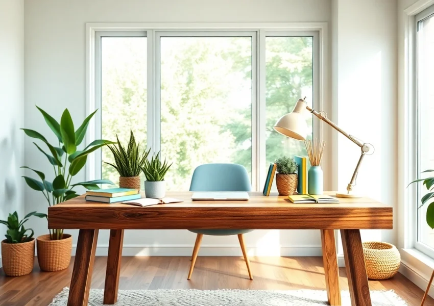 Enhance your creative living with a bright and inviting home office featuring a stylish reclaimed wood desk.