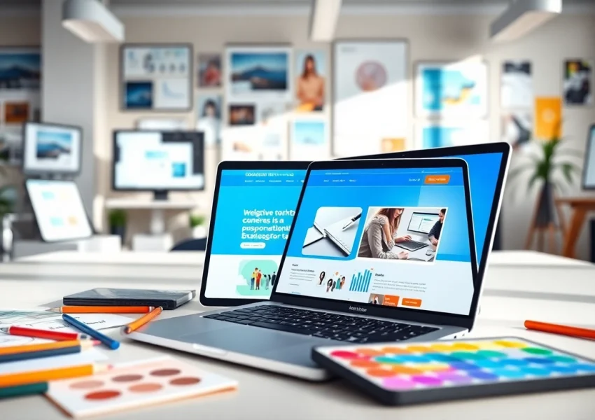 Engage with a vibrant website design displayed on a laptop amidst creative design tools.