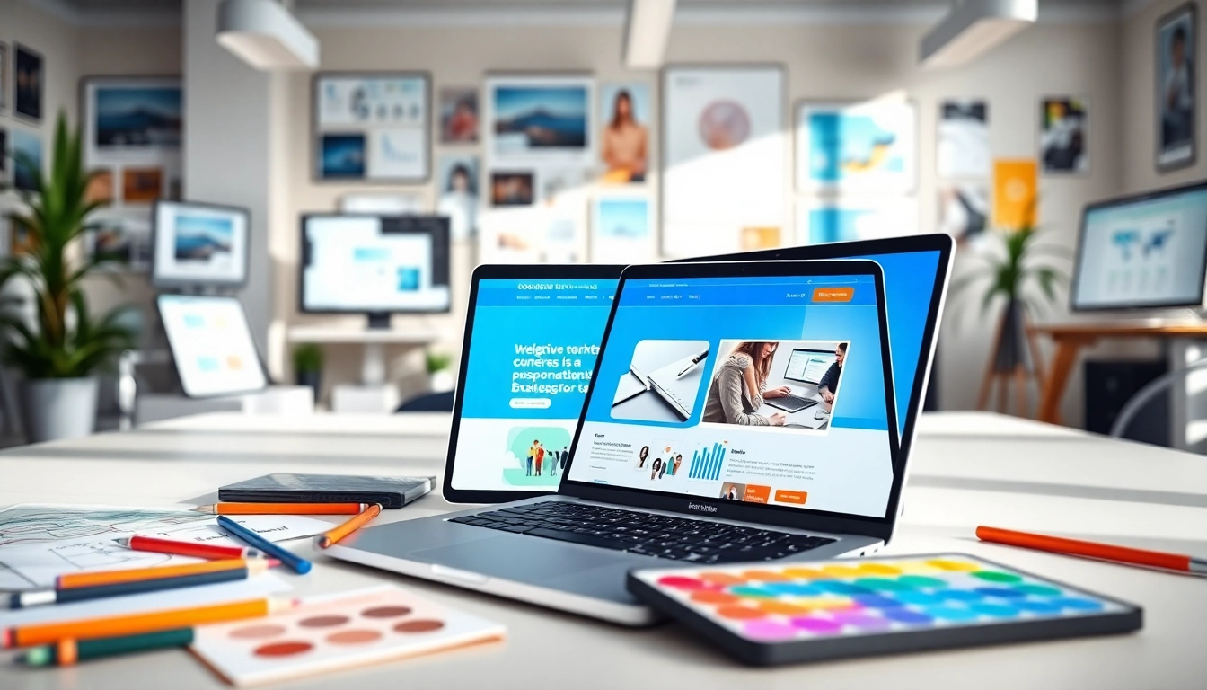 Engage with a vibrant website design displayed on a laptop amidst creative design tools.