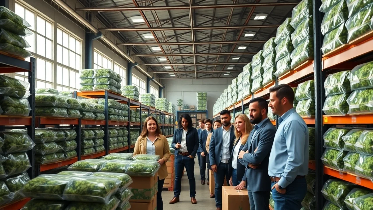 Showcasing wholesale/bulk cannabis products in a professional warehouse with a diverse team.