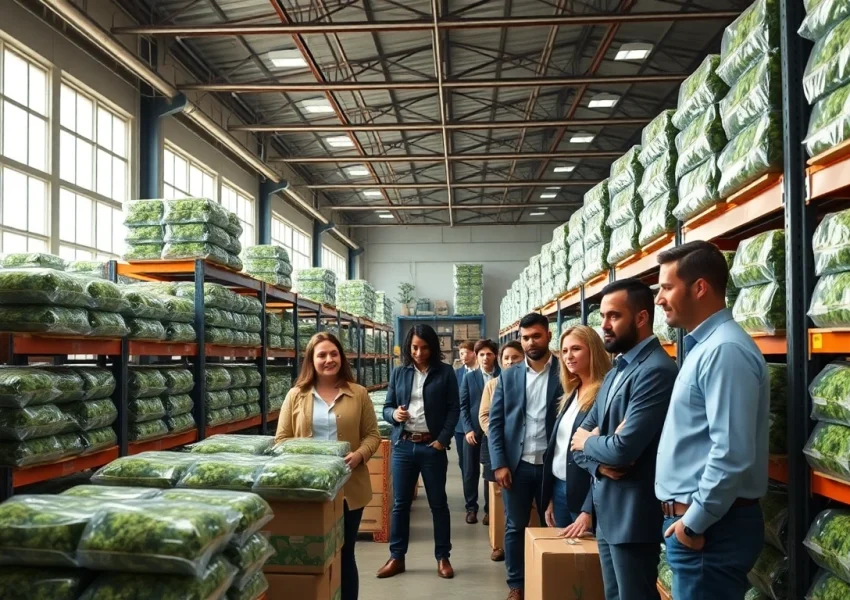 Showcasing wholesale/bulk cannabis products in a professional warehouse with a diverse team.