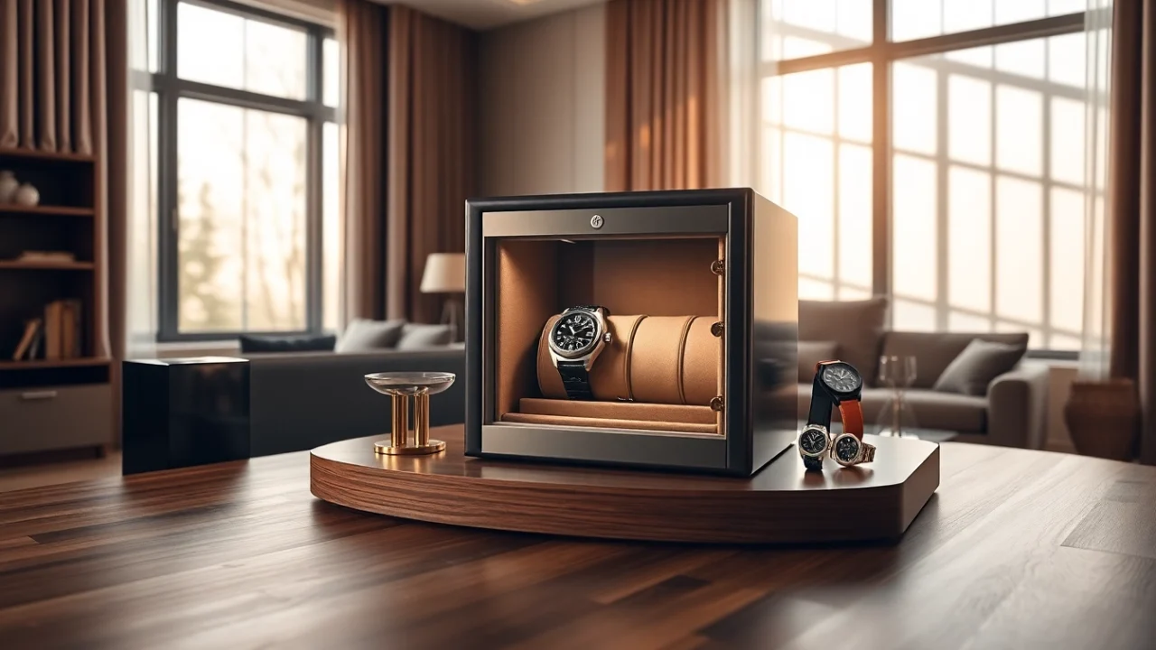 Showcasing a luxurious watch safe designed to protect valuable timepieces elegantly.
