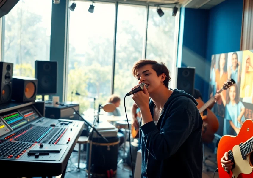 Engaging musicians collaborating in a modern recording studio, highlighting Music streaming platform innovation.