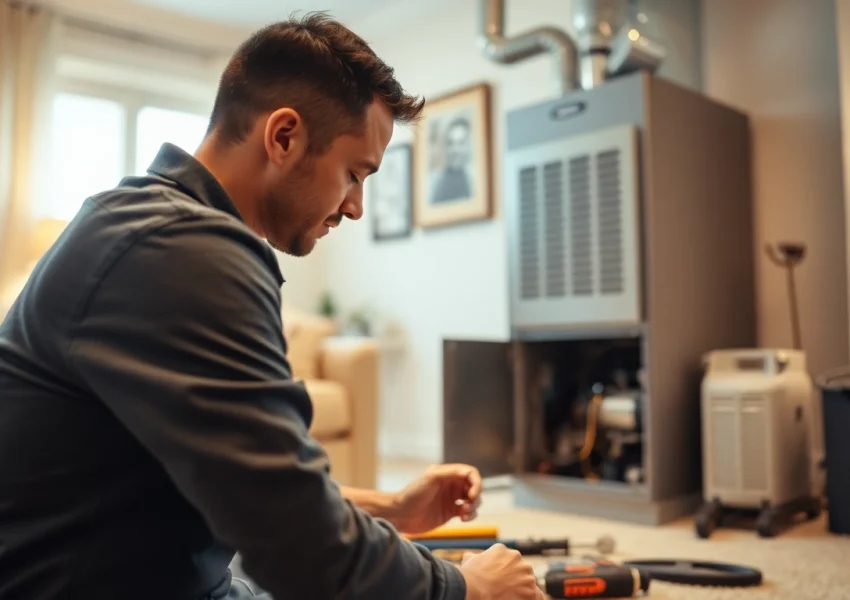 Expert technician conducting furnace repair Brentwood TN in a cozy home setting, showcasing professionalism and care.