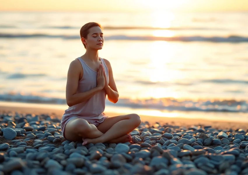 Individual practicing deep breathing to manage dealing with stress on a peaceful beach.