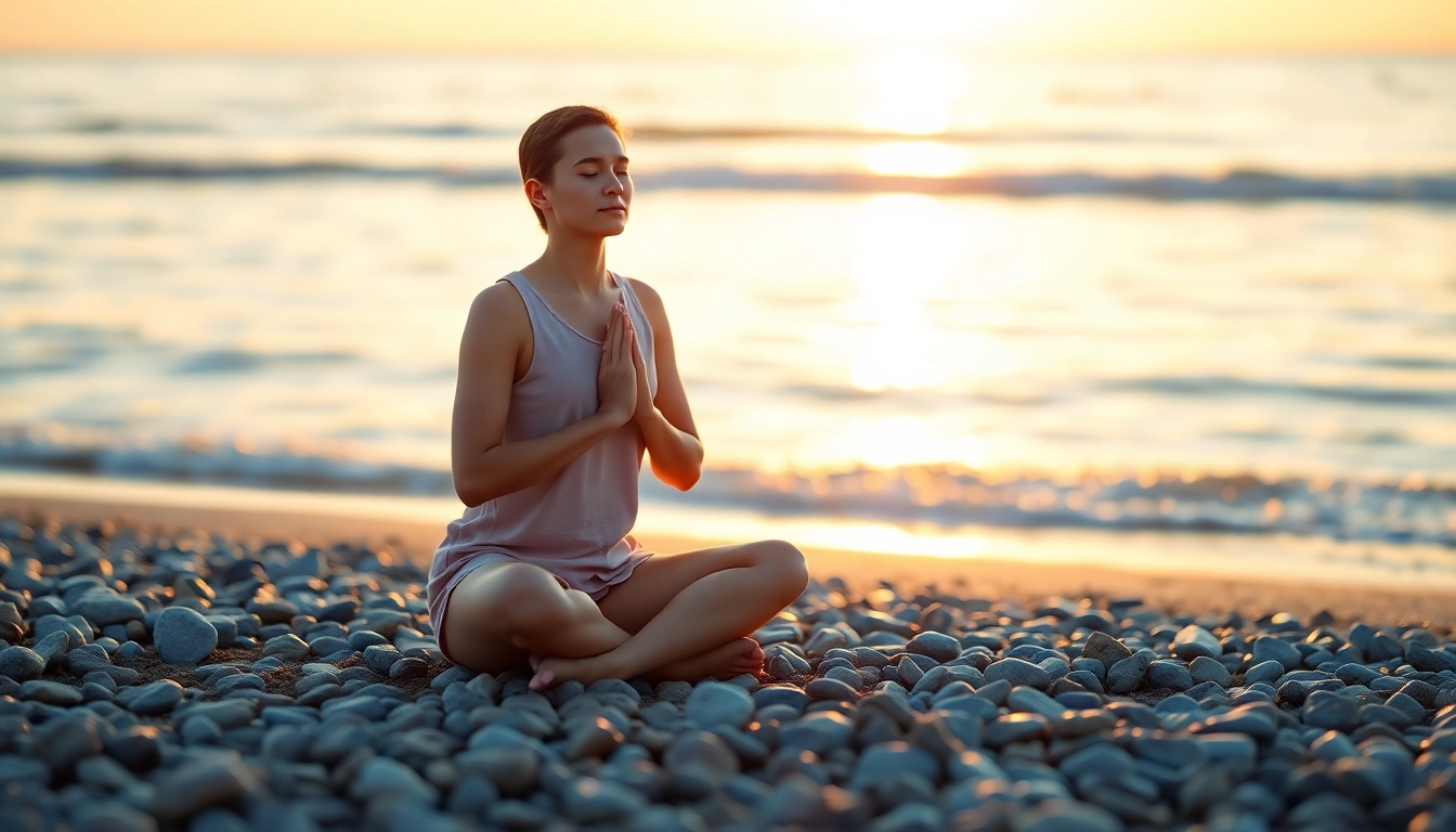 Individual practicing deep breathing to manage dealing with stress on a peaceful beach.