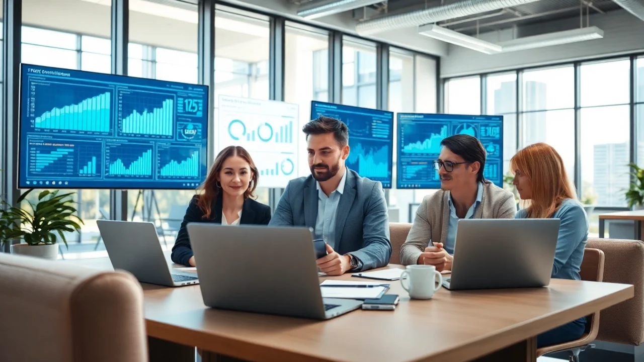 Team analyzing competitive intelligence data in a collaborative office environment.