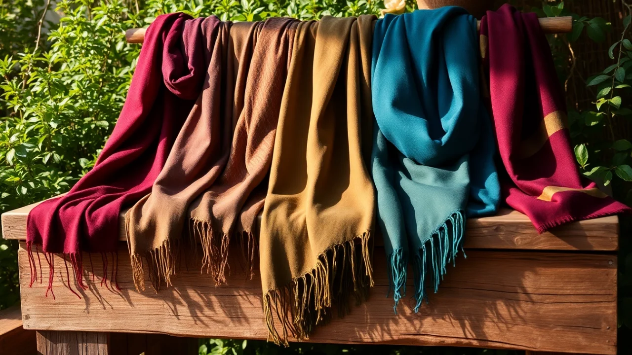 Stylish scarves with intricate patterns displayed on a rustic table, showcasing vibrant colors.