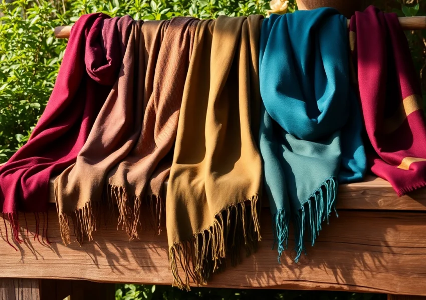 Stylish scarves with intricate patterns displayed on a rustic table, showcasing vibrant colors.
