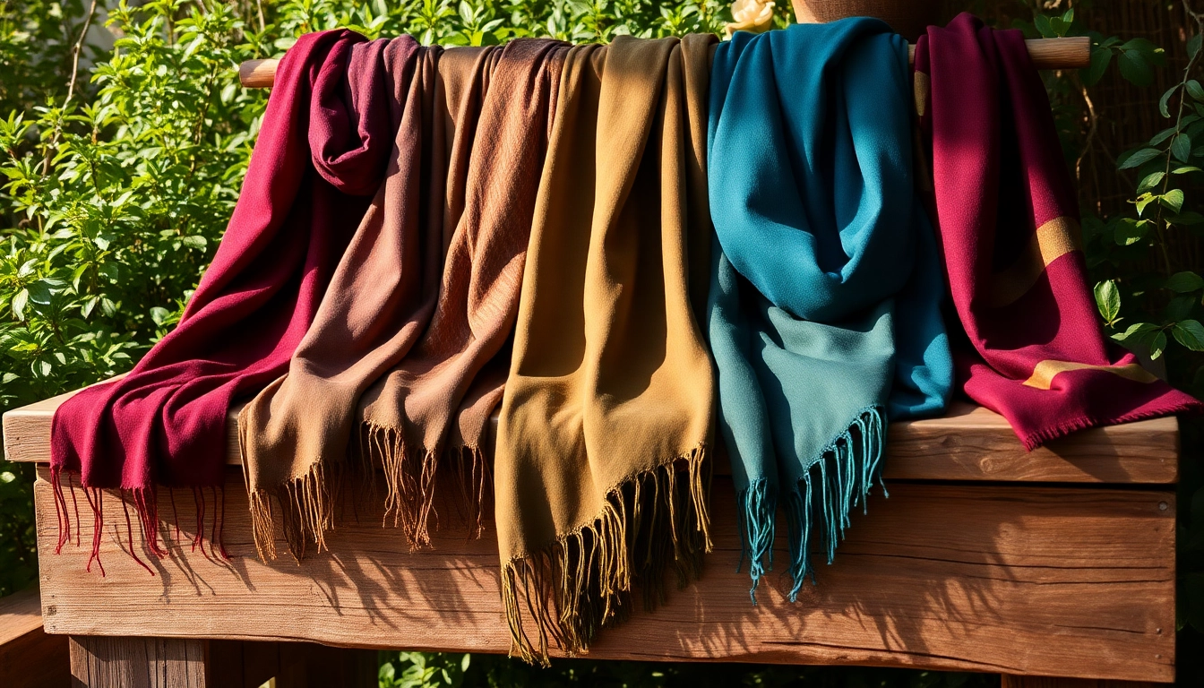 Stylish scarves with intricate patterns displayed on a rustic table, showcasing vibrant colors.