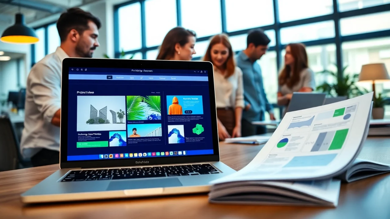 Showcasing web design edmonton on a laptop with a diverse team in a modern office.