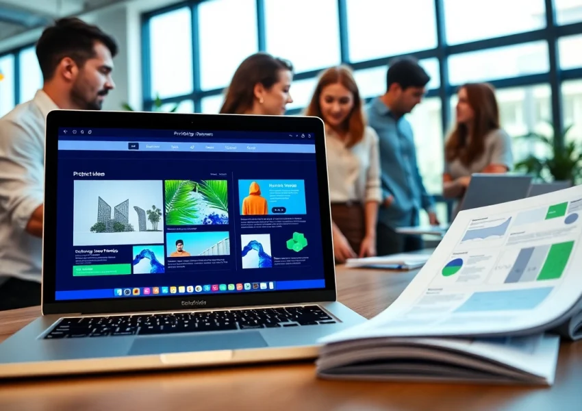 Showcasing web design edmonton on a laptop with a diverse team in a modern office.