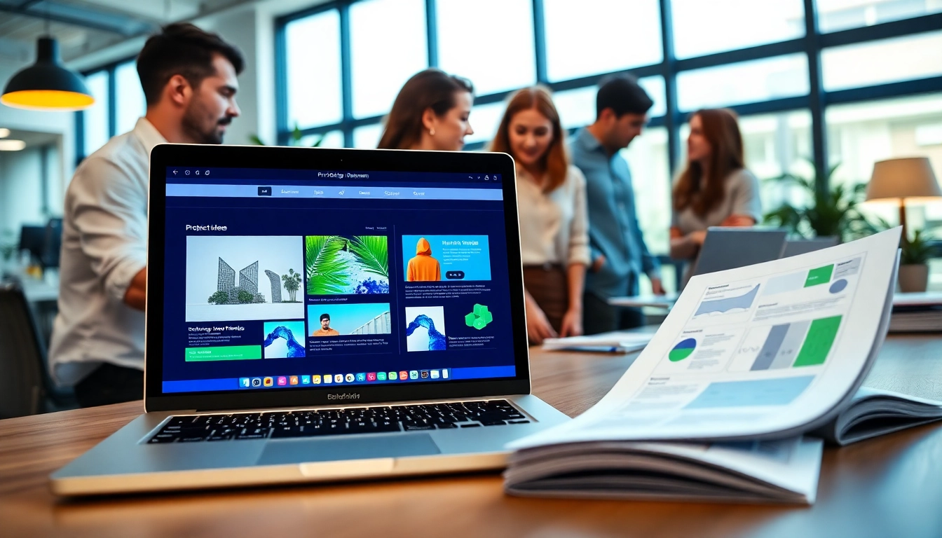 Showcasing web design edmonton on a laptop with a diverse team in a modern office.