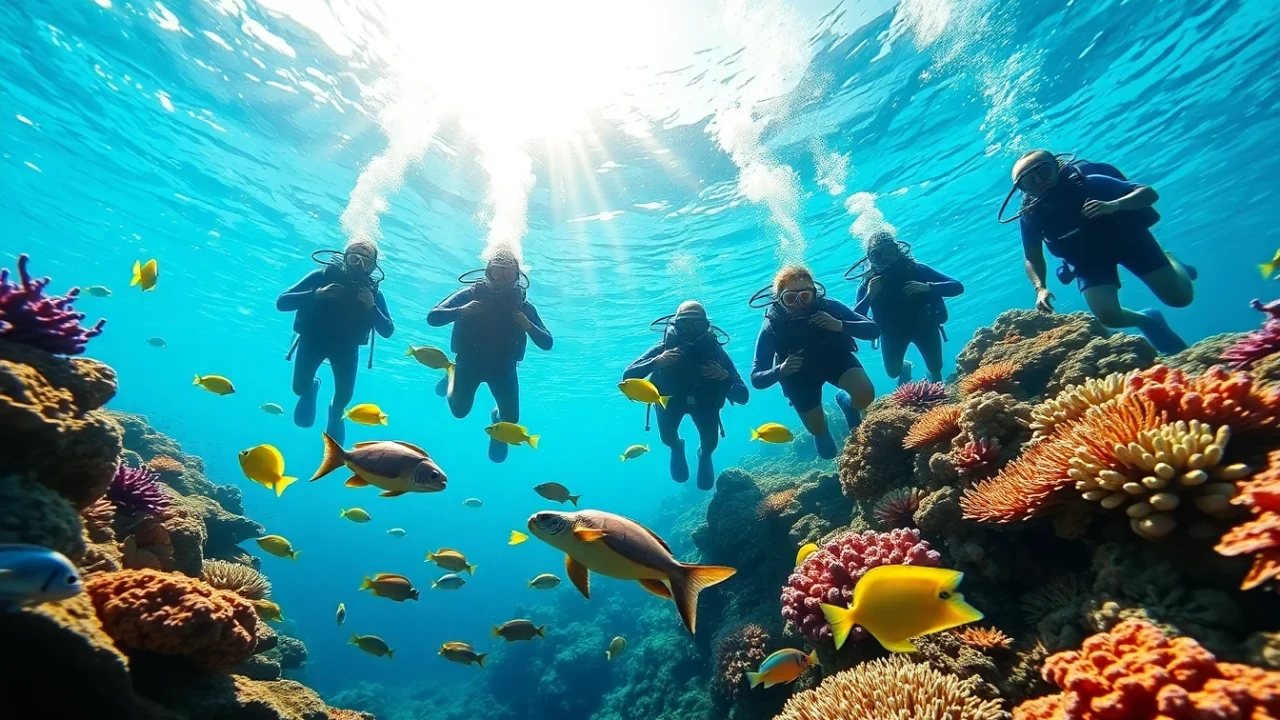 Experience the beauty of PADI Certified dive shops in Belize, showcasing vibrant marine life and divers.