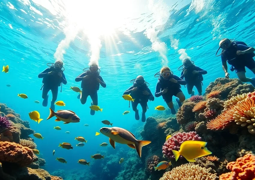 Experience the beauty of PADI Certified dive shops in Belize, showcasing vibrant marine life and divers.