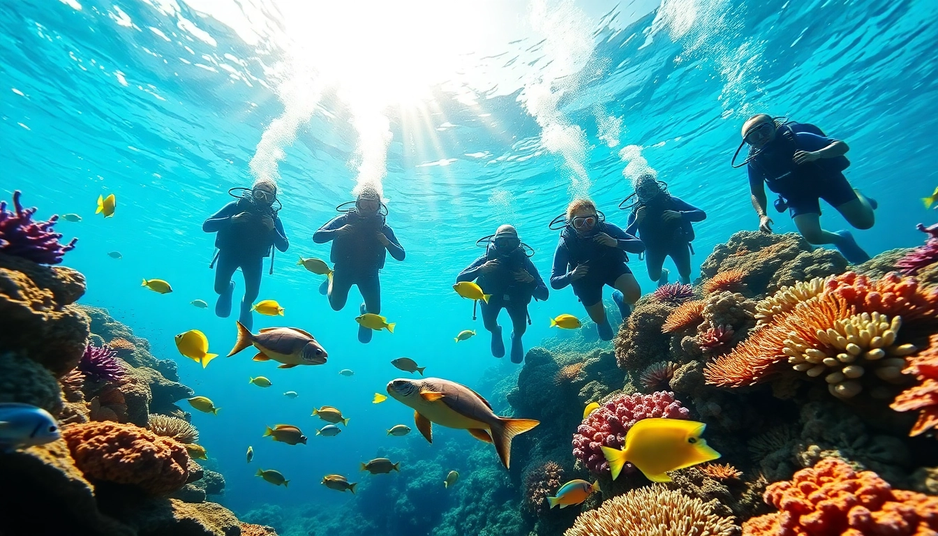 Experience the beauty of PADI Certified dive shops in Belize, showcasing vibrant marine life and divers.