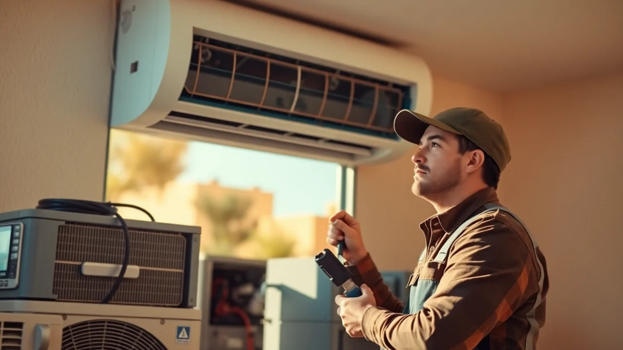Expert ac repair phoenix az technician fixing a home air conditioning unit in bright natural light.
