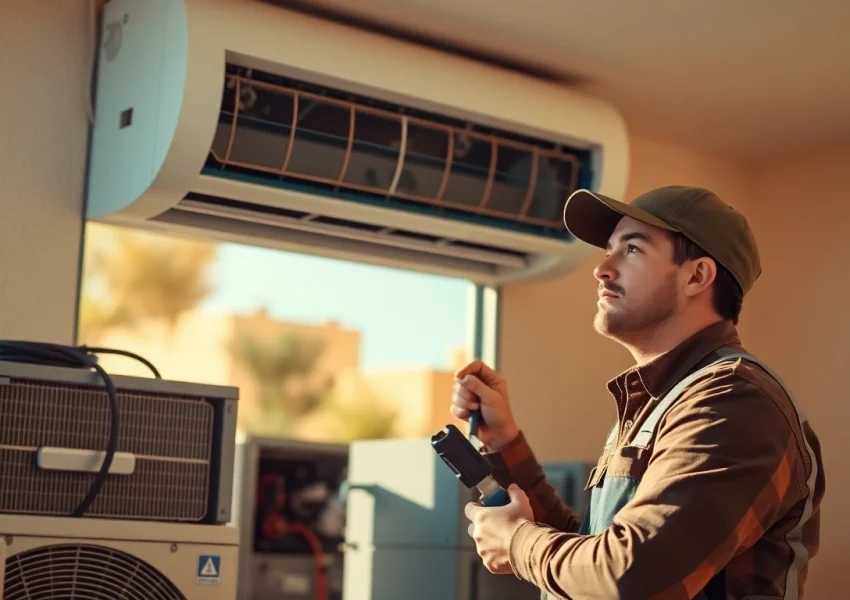 Expert ac repair phoenix az technician fixing a home air conditioning unit in bright natural light.