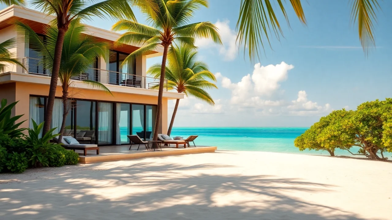 Experience the luxury to Buy Real Estate Belize with a stunning beachfront villa surrounded by palm trees.