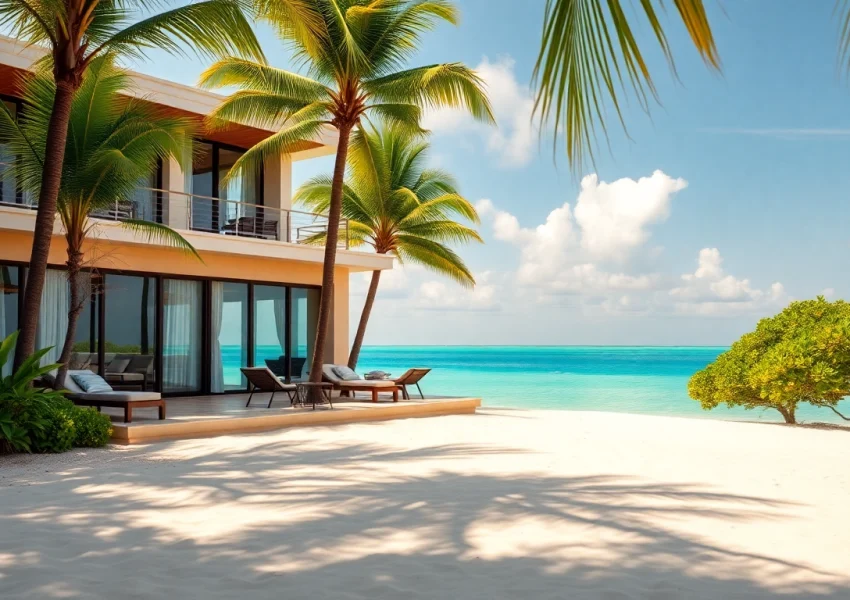 Experience the luxury to Buy Real Estate Belize with a stunning beachfront villa surrounded by palm trees.