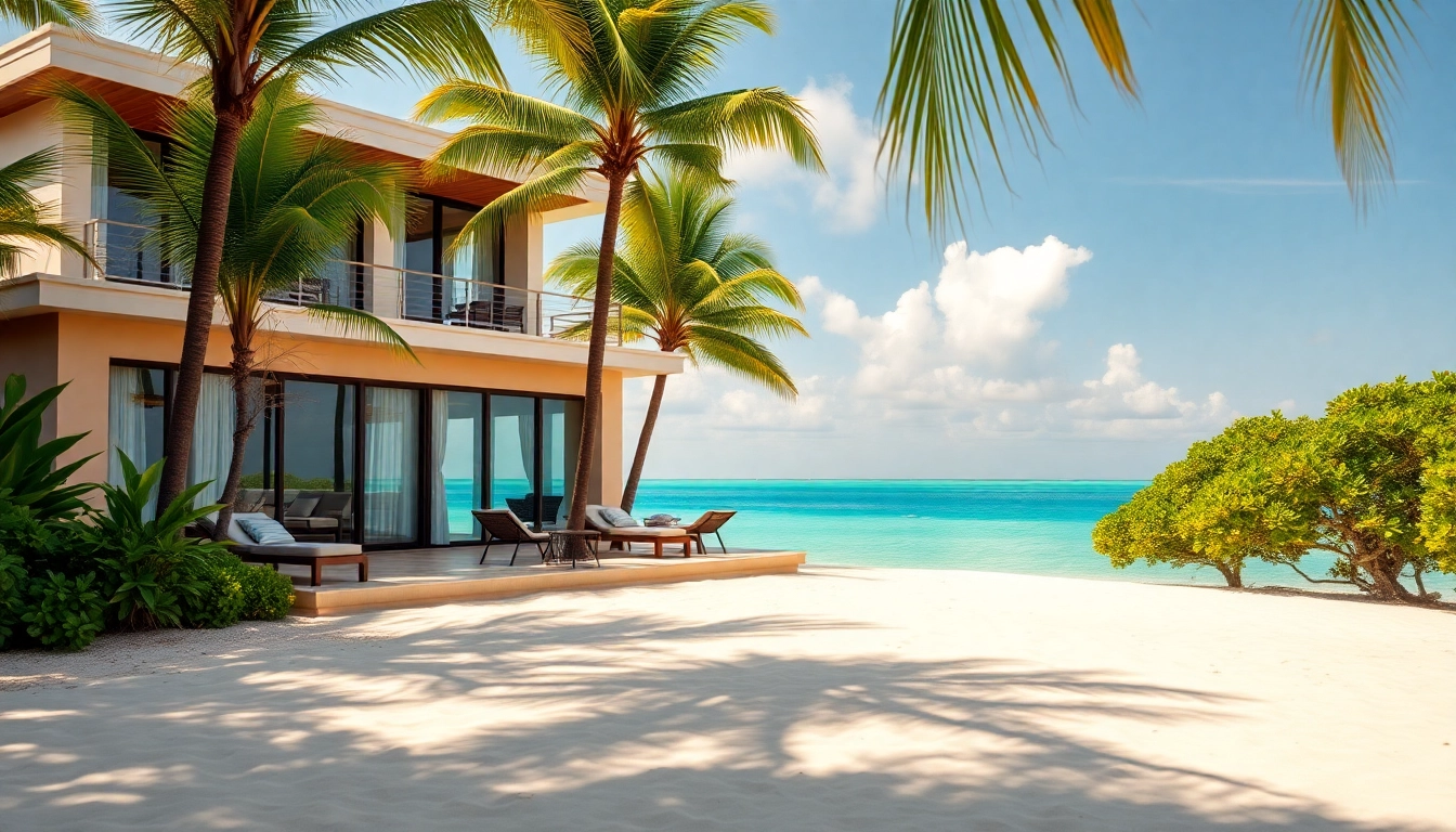 Experience the luxury to Buy Real Estate Belize with a stunning beachfront villa surrounded by palm trees.