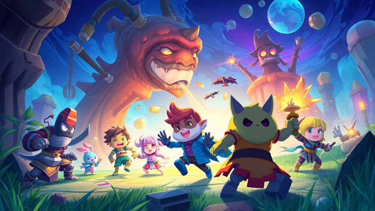 The dede game showcases action-packed characters battling in a colorful fantasy landscape.