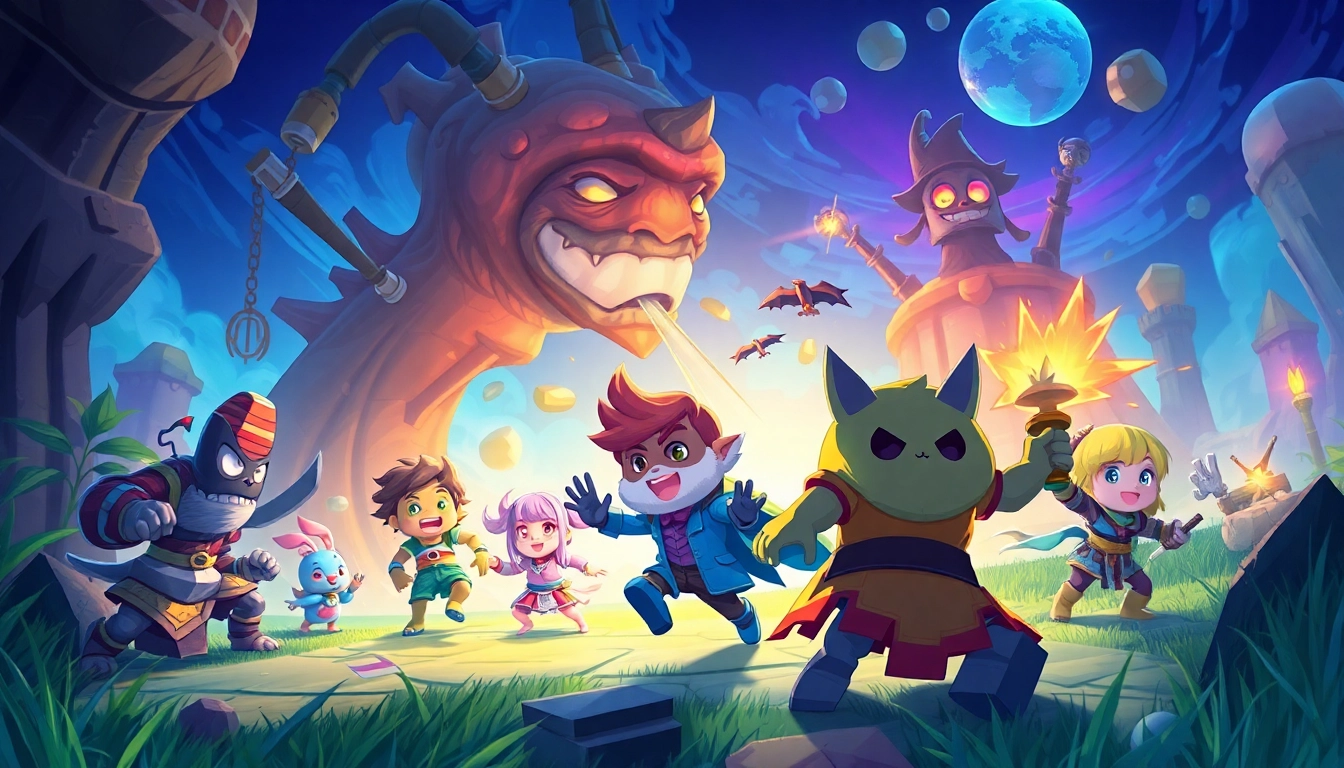 The dede game showcases action-packed characters battling in a colorful fantasy landscape.