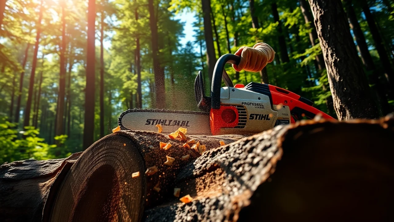 Stihl Motorsäge schneidet durch Holzstamm in einem Wald mit natürlichem Licht.