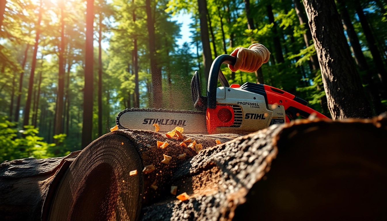 Stihl Motorsäge schneidet durch Holzstamm in einem Wald mit natürlichem Licht.