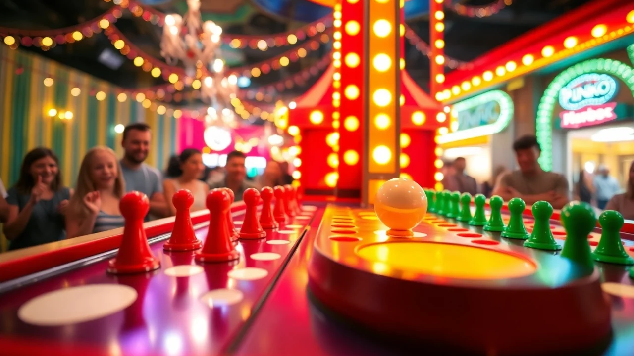 Играть в plinko на красочном игровом автомате с веселыми игроками вокруг.
