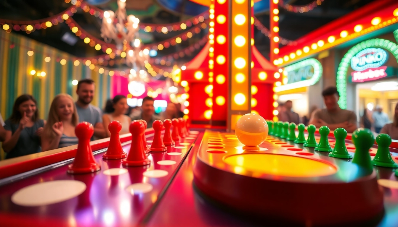 Играть в plinko на красочном игровом автомате с веселыми игроками вокруг.