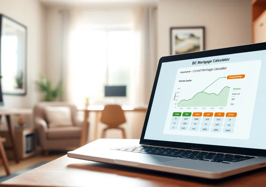 Use the BC Mortgage Calculator on a modern laptop in a cozy home office setting to estimate payments.
