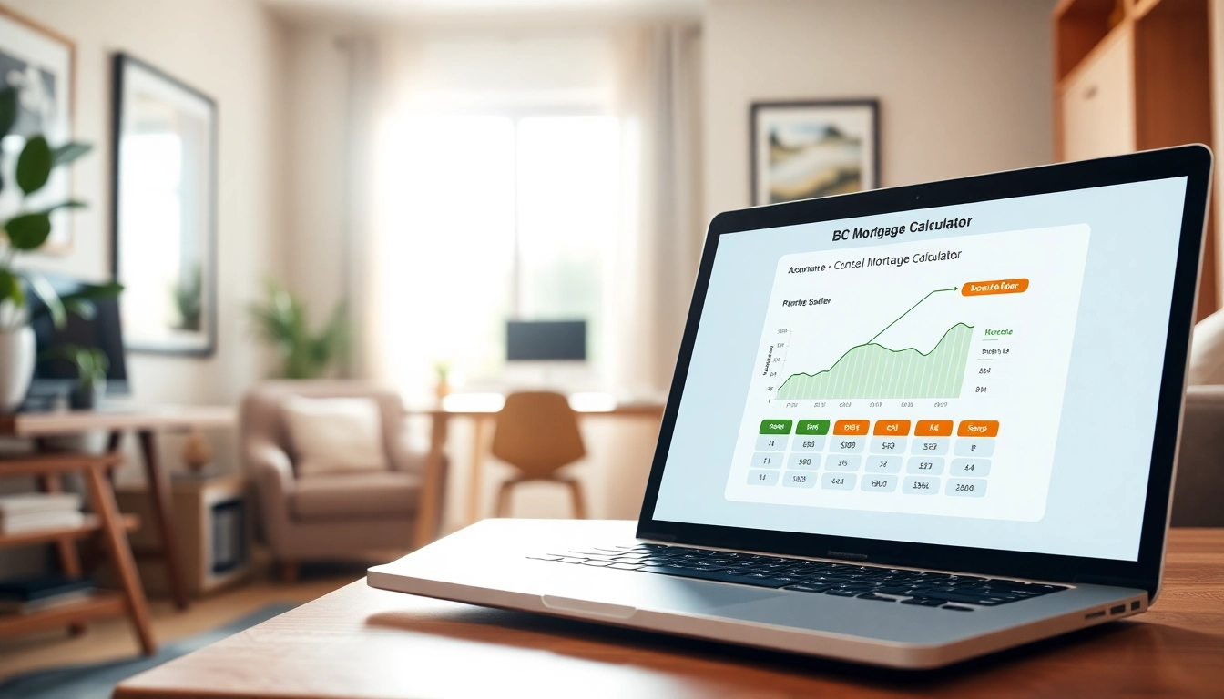 Use the BC Mortgage Calculator on a modern laptop in a cozy home office setting to estimate payments.
