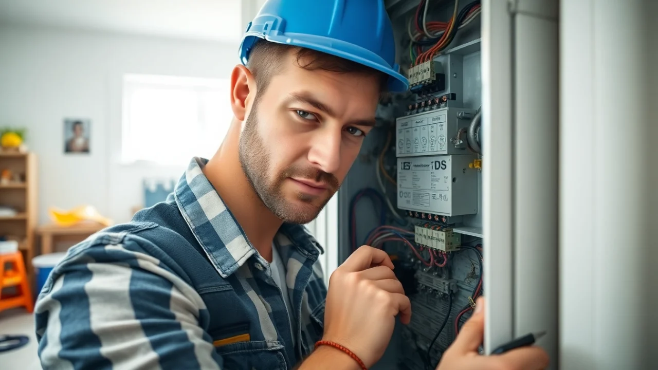 View of a professional conducting Electrical Panel Upgrade in a well-lit home, showcasing safety tools and equipment.