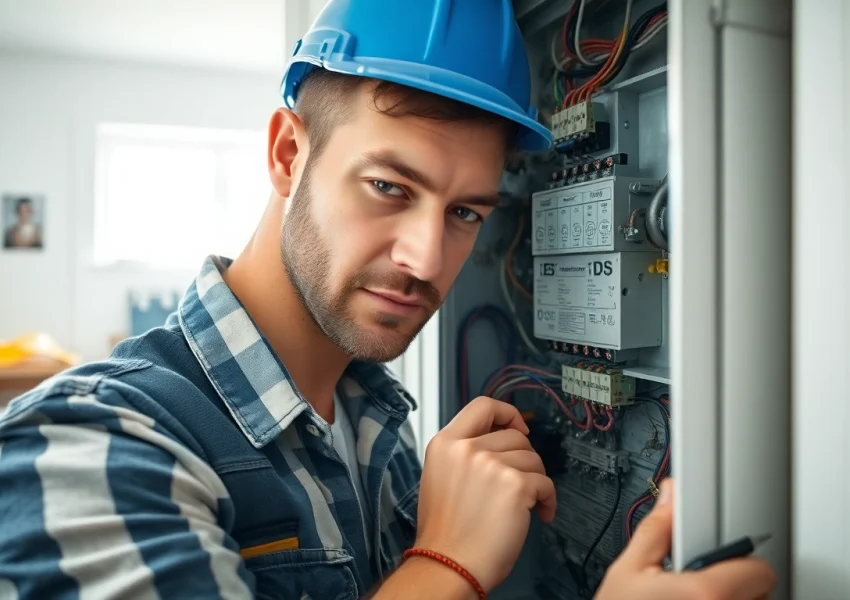 View of a professional conducting Electrical Panel Upgrade in a well-lit home, showcasing safety tools and equipment.