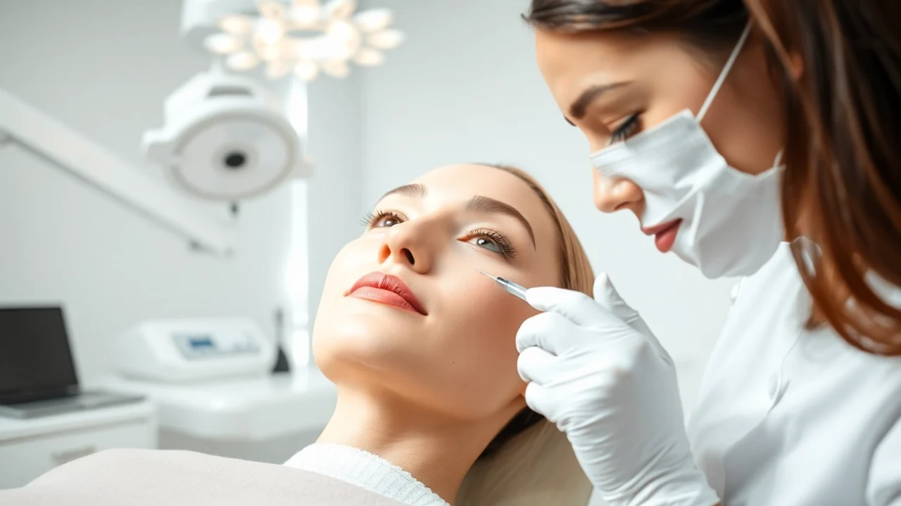 Beautician performing a pdo thread lift procedure in a serene, modern clinic environment.