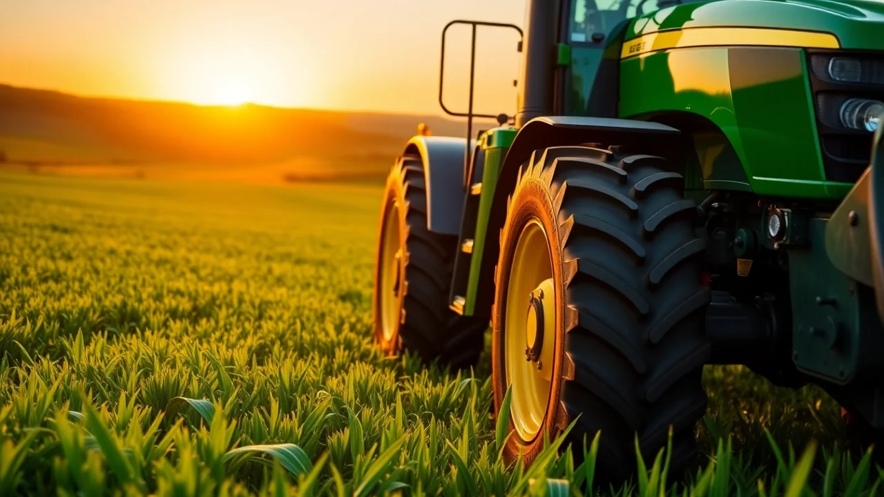 John Deere Traktor bei Sonnenuntergang in einem grünen Feld mit faszinierenden Details.