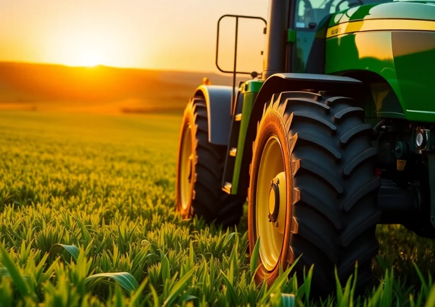 John Deere Traktor bei Sonnenuntergang in einem grünen Feld mit faszinierenden Details.