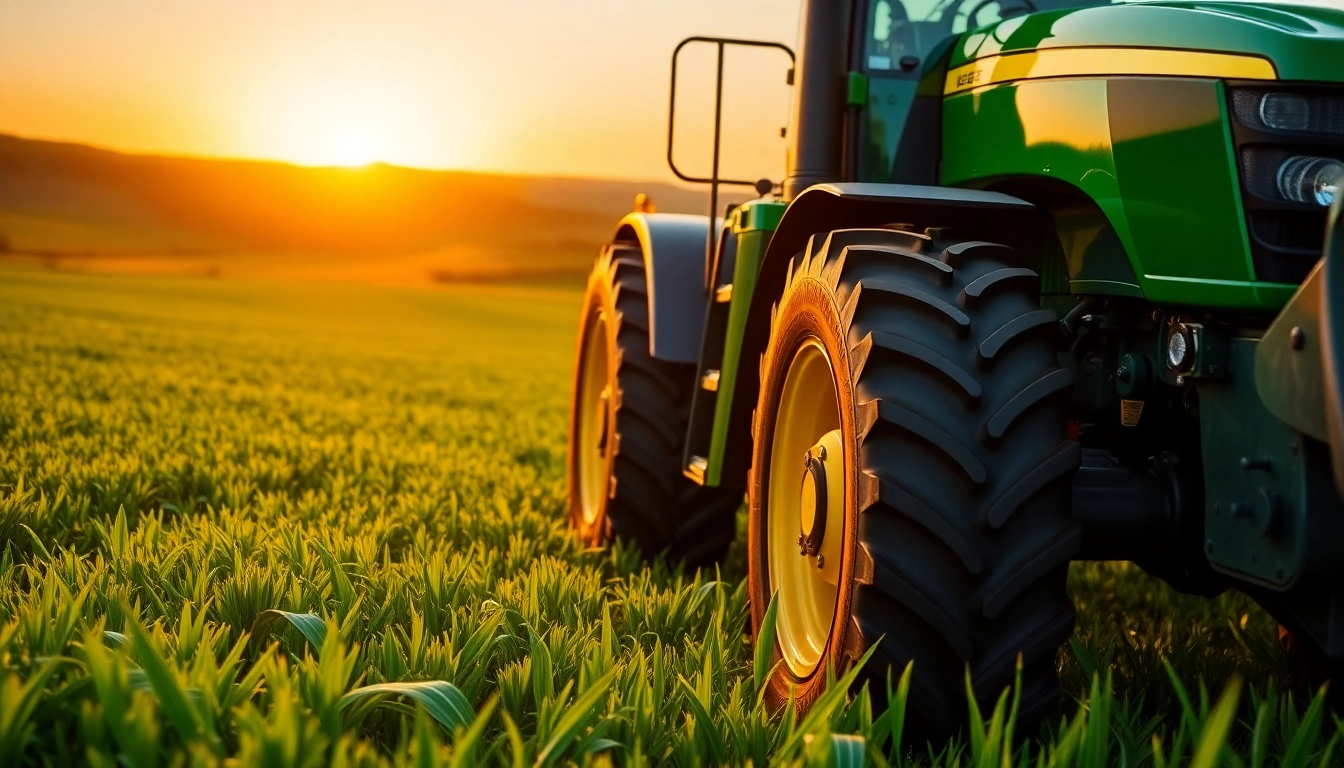 John Deere Traktor bei Sonnenuntergang in einem grünen Feld mit faszinierenden Details.