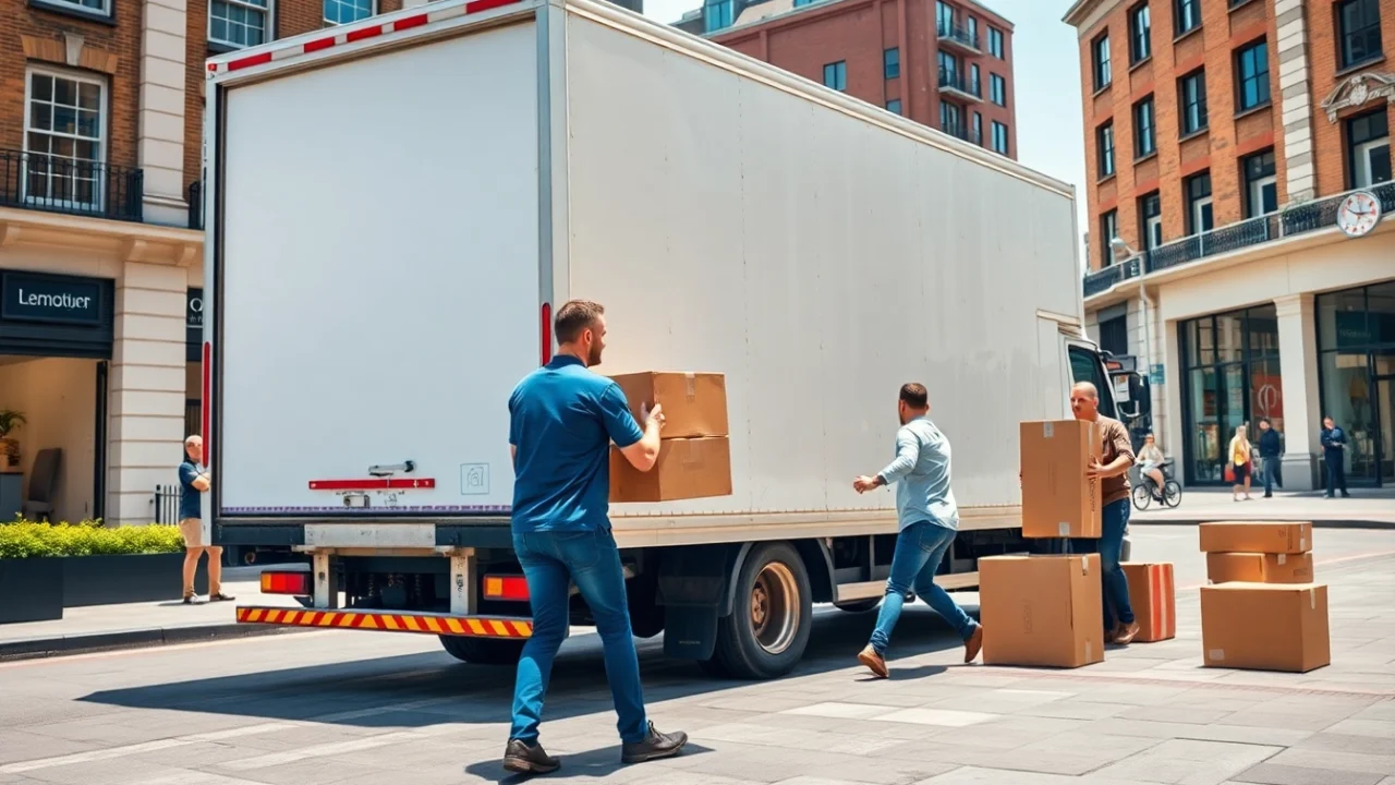 Efficient removal company east London loading moving truck in an urban setting.
