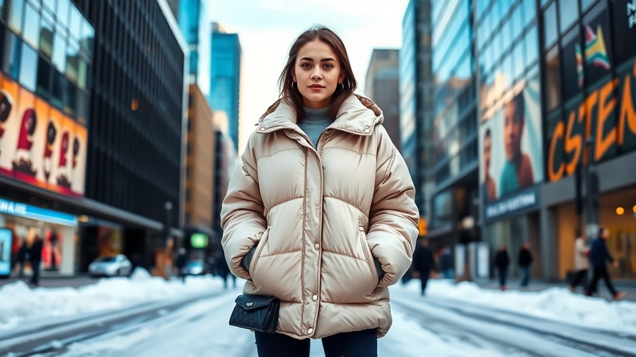 Showcasing an oversize puffer jacket worn by a stylish young woman in an urban setting.