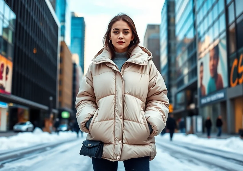 Showcasing an oversize puffer jacket worn by a stylish young woman in an urban setting.