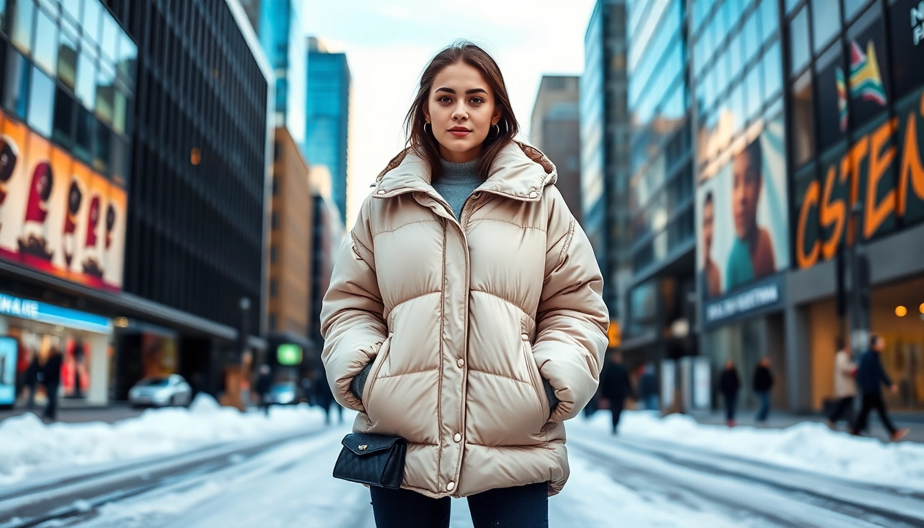 Showcasing an oversize puffer jacket worn by a stylish young woman in an urban setting.